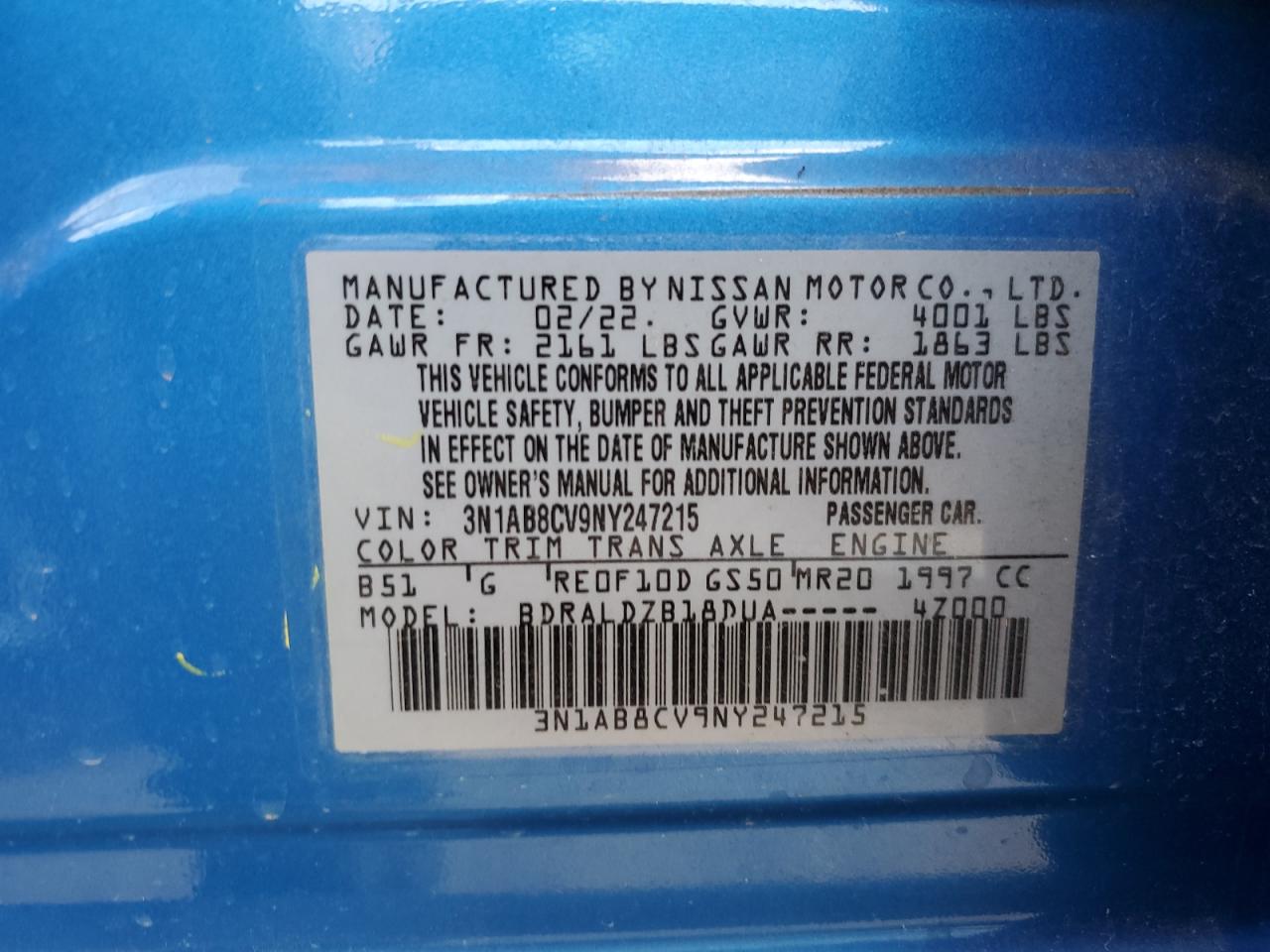 2022 NISSAN SENTRA SV VIN:3N1AB8CV9NY247215