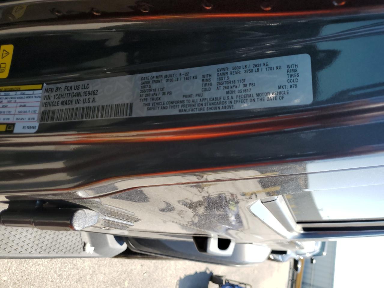 2022 JEEP GLADIATOR OVERLAND VIN:1C6HJTFG4NL159462