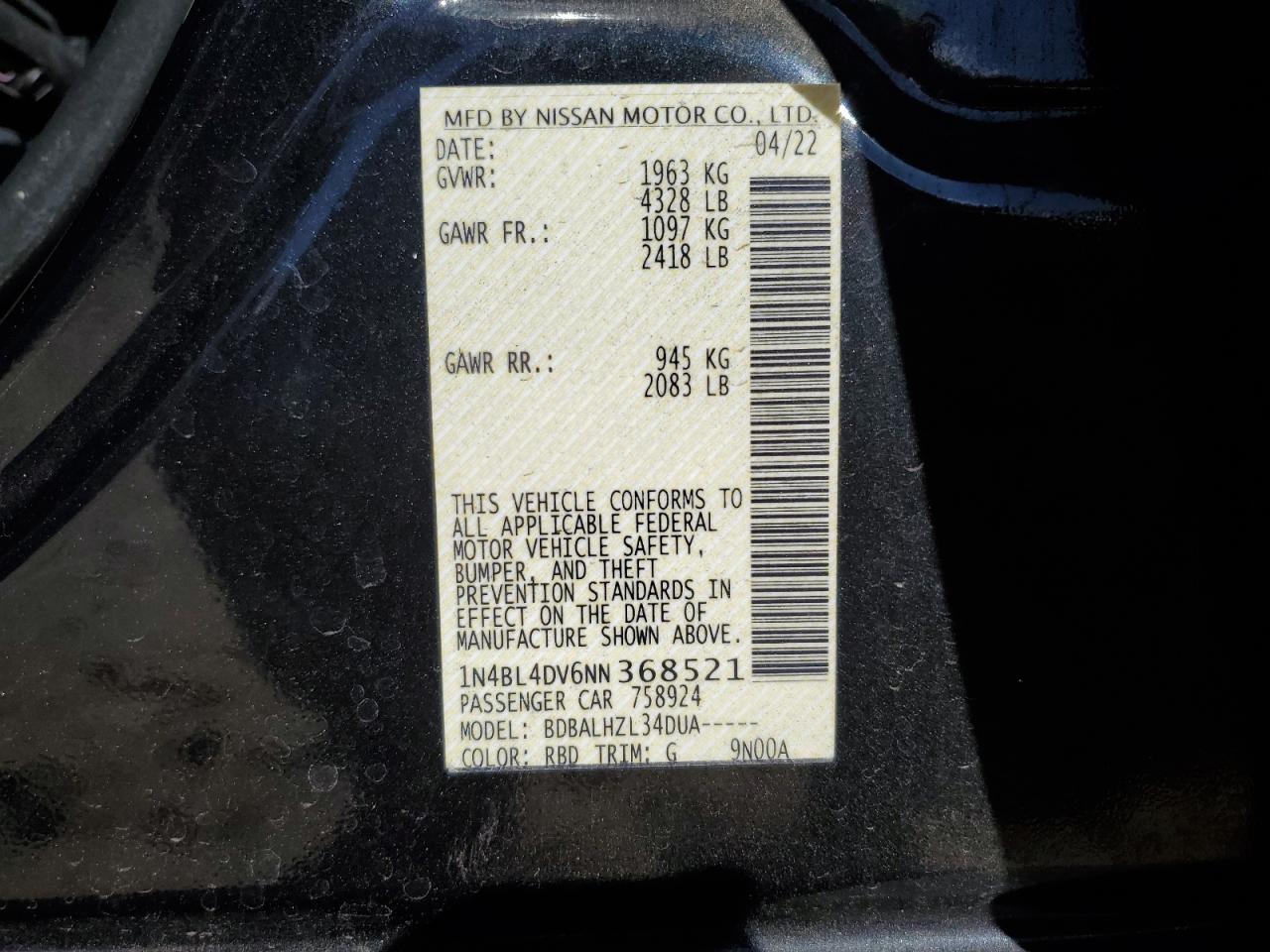 2022 NISSAN ALTIMA SV VIN:1N4BL4DV6NN368521
