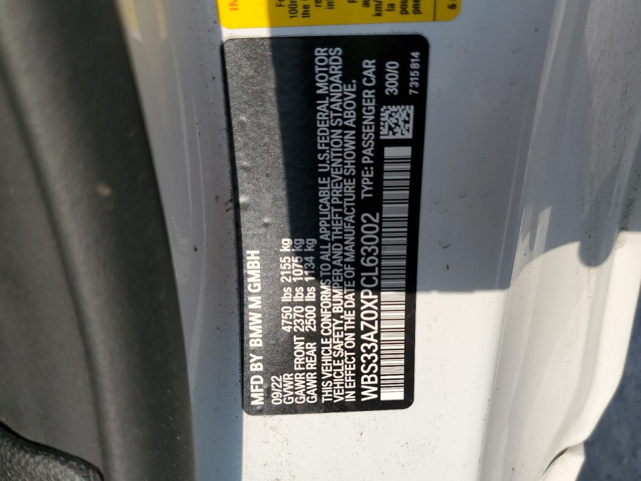 2023 BMW M4 COMPETITION VIN:WBS33AZ0XPCL63002