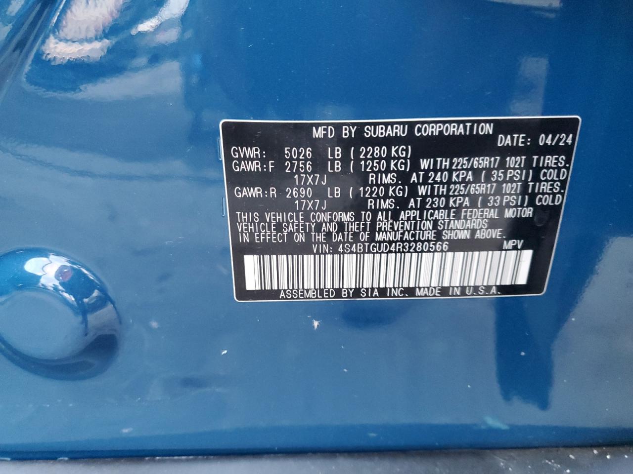 2024 SUBARU OUTBACK WILDERNESS VIN:4S4BTGUD4R3280566