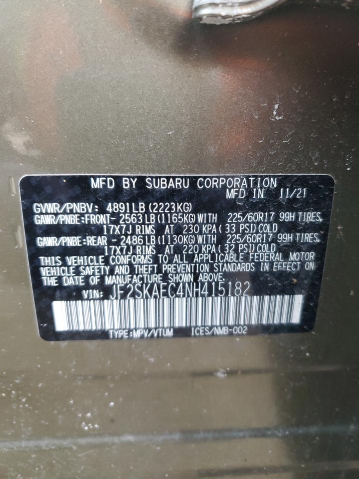 2022 SUBARU FORESTER PREMIUM VIN:JF2SKAEC4NH415182