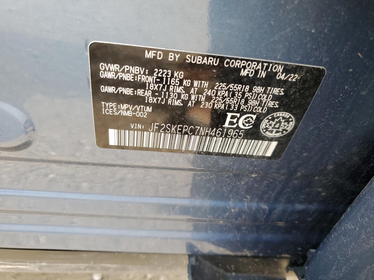 2022 SUBARU FORESTER LIMITED VIN:JF2SKEPC7NH461965