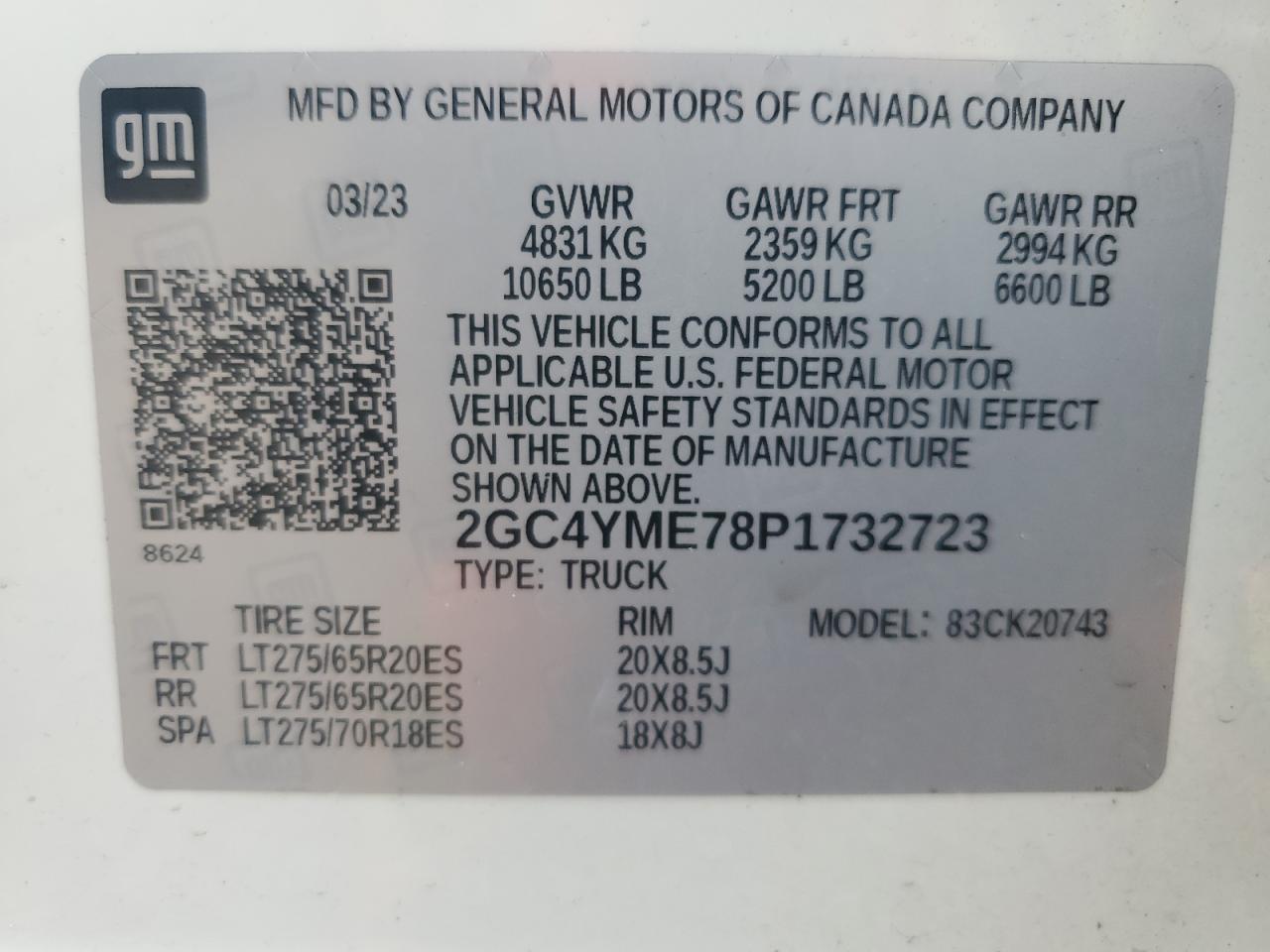 2023 CHEVROLET SILVERADO K2500 CUSTOM VIN:2GC4YME78P1732723