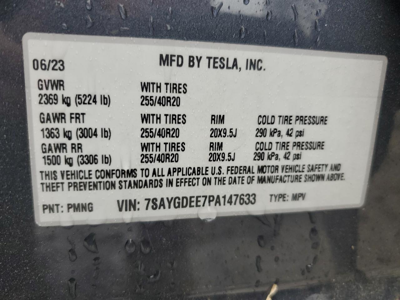 2023 TESLA MODEL Y VIN:7SAYGDEE7PA147633