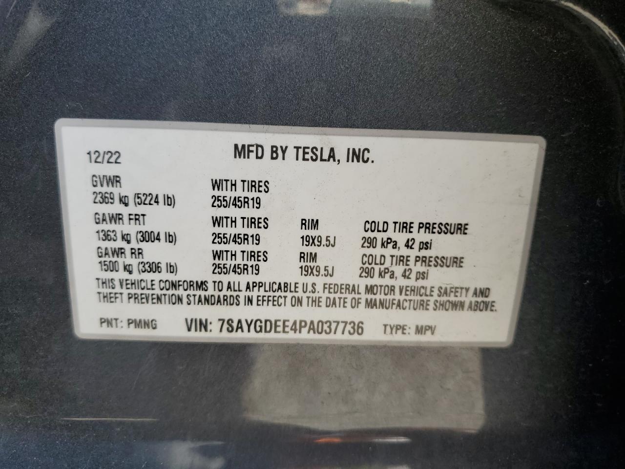 2023 TESLA MODEL Y VIN:7SAYGDEE4PA037736