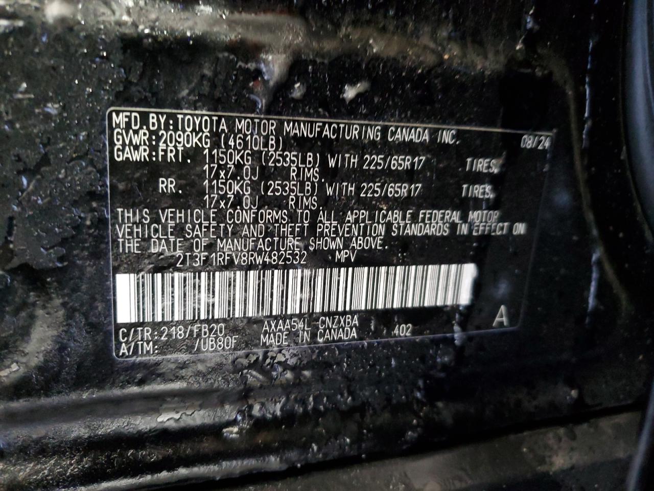 2024 TOYOTA RAV4 LE VIN:2T3F1RFV8RW482532