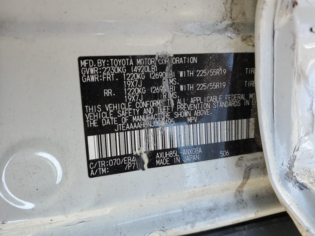 2022 TOYOTA VENZA LE VIN:JTEAAAAH8NJ095495