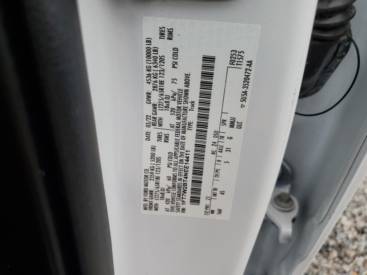 2022 FORD F250 SUPER DUTY VIN:1FT7W2BT4NEE14411