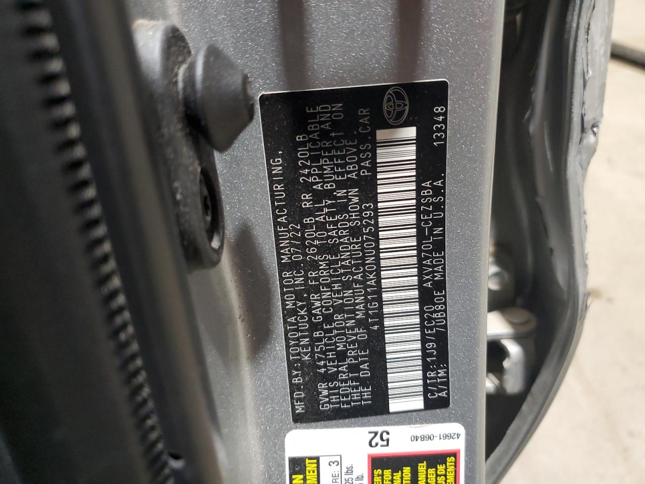 2022 TOYOTA CAMRY SE VIN:4T1G11AK0NU075293