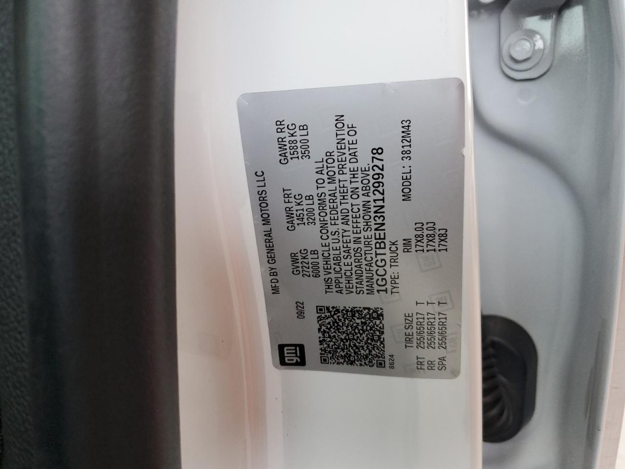 2022 CHEVROLET COLORADO VIN:1GCGTBEN3N1299278