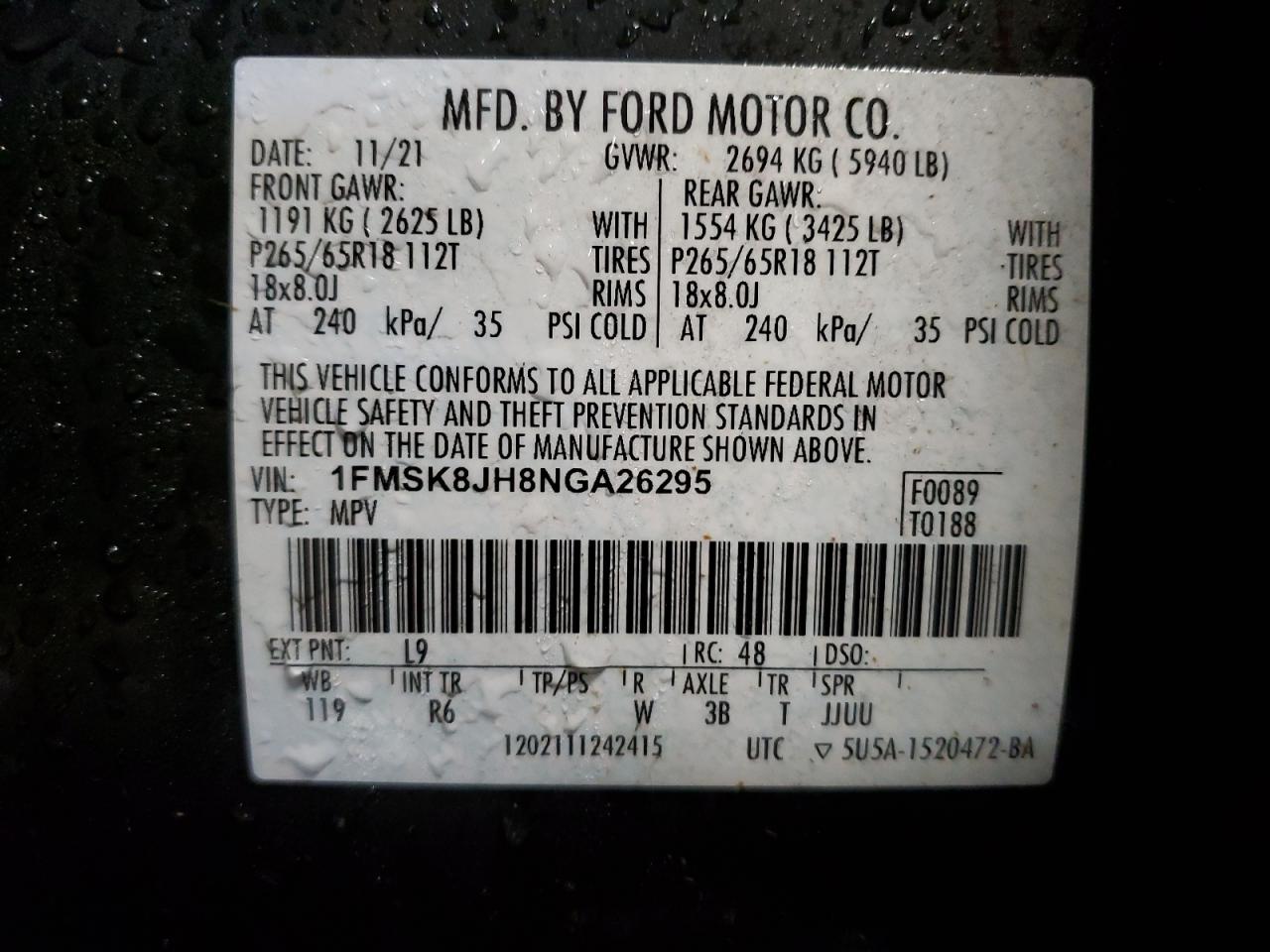 2022 FORD EXPLORER TIMBERLINE VIN:1FMSK8JH8NGA26295