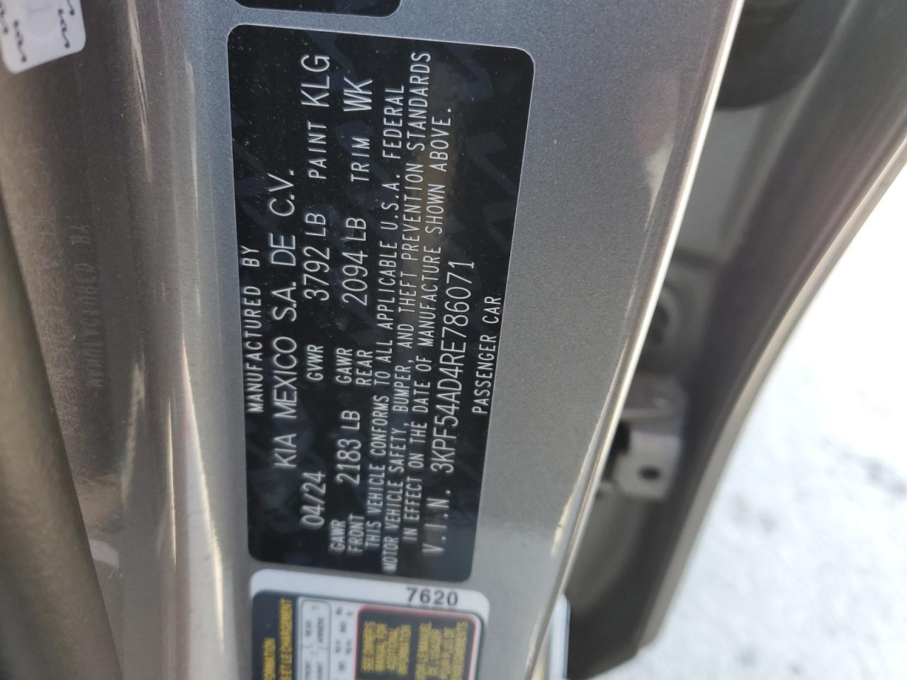 2024 KIA FORTE GT LINE VIN:3KPF54AD4RE786071