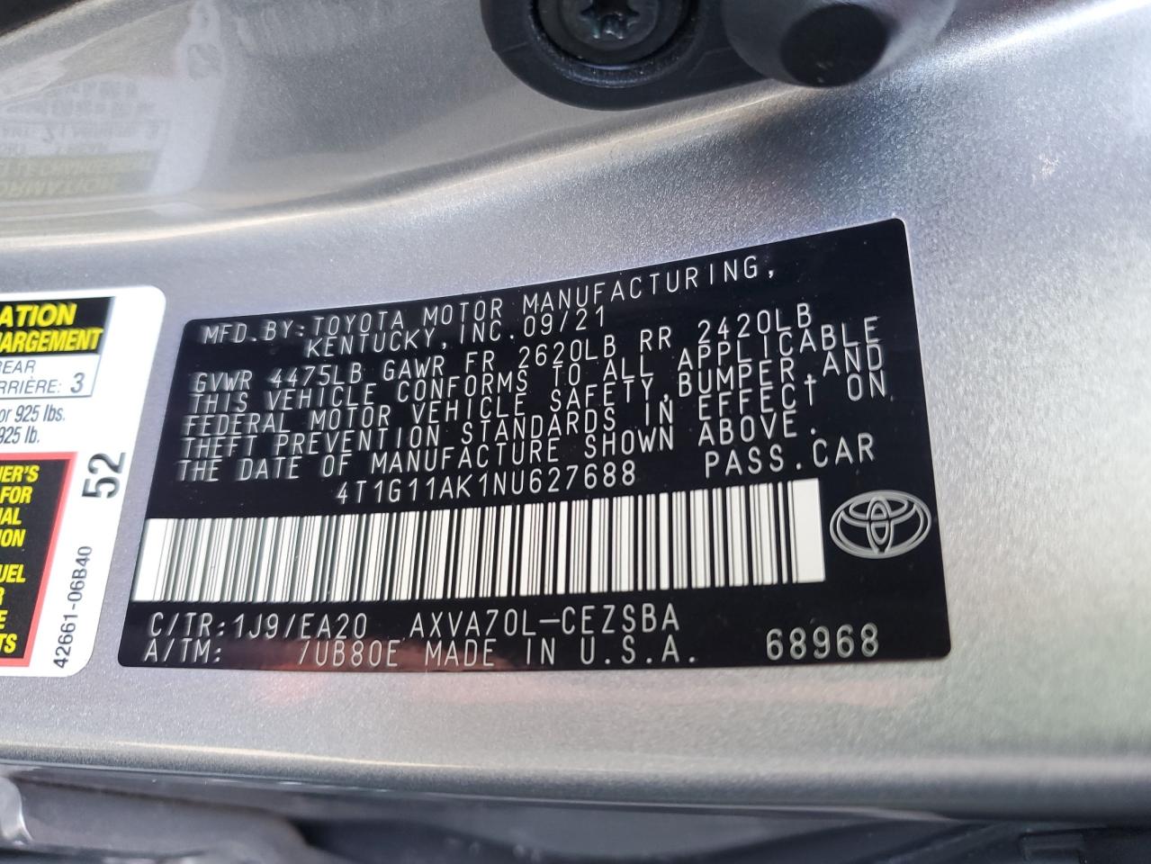 2022 TOYOTA CAMRY SE VIN:4T1G11AK1NU627688