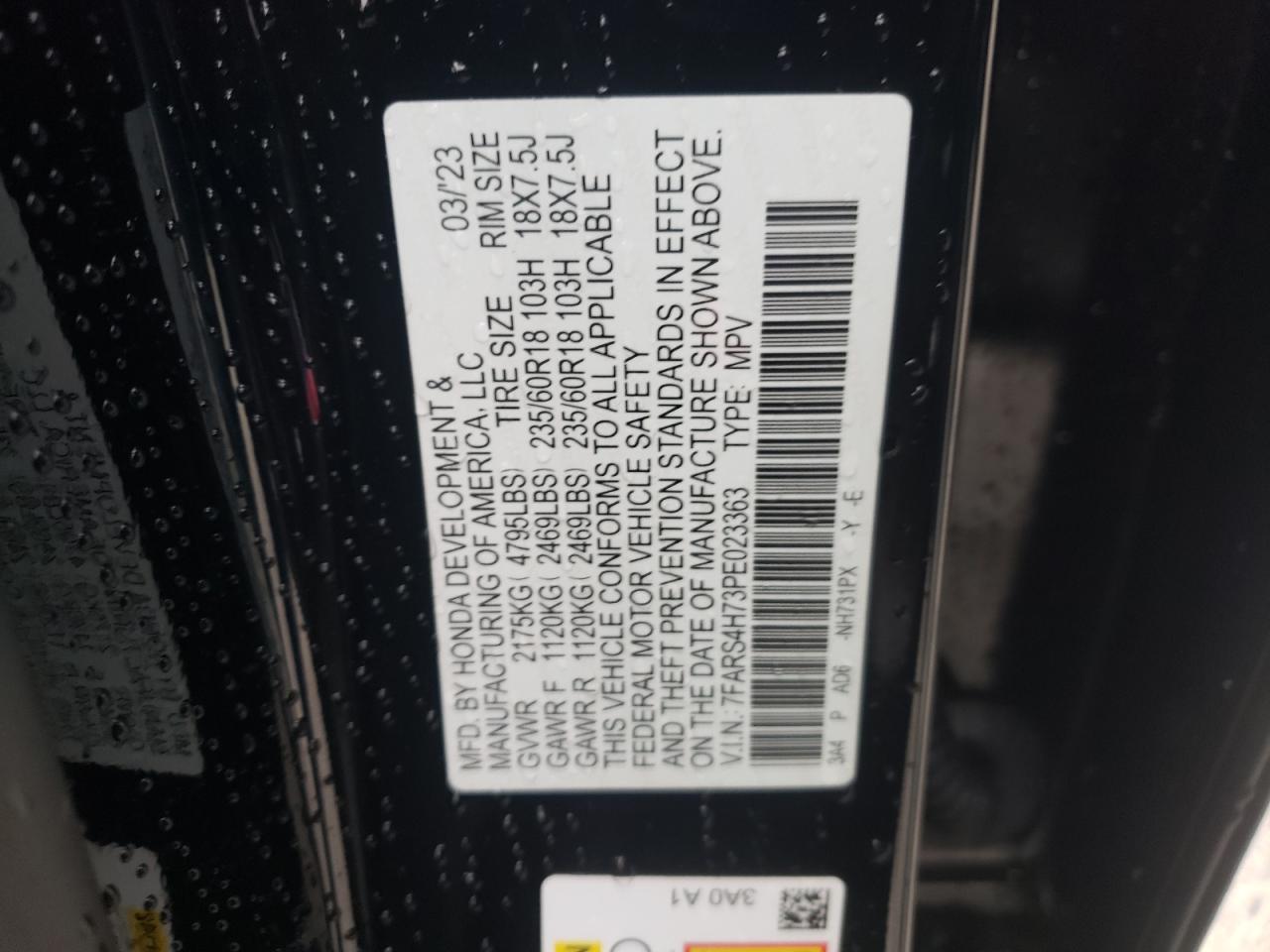 2023 HONDA CR-V EXL VIN:7FARS4H73PE023363