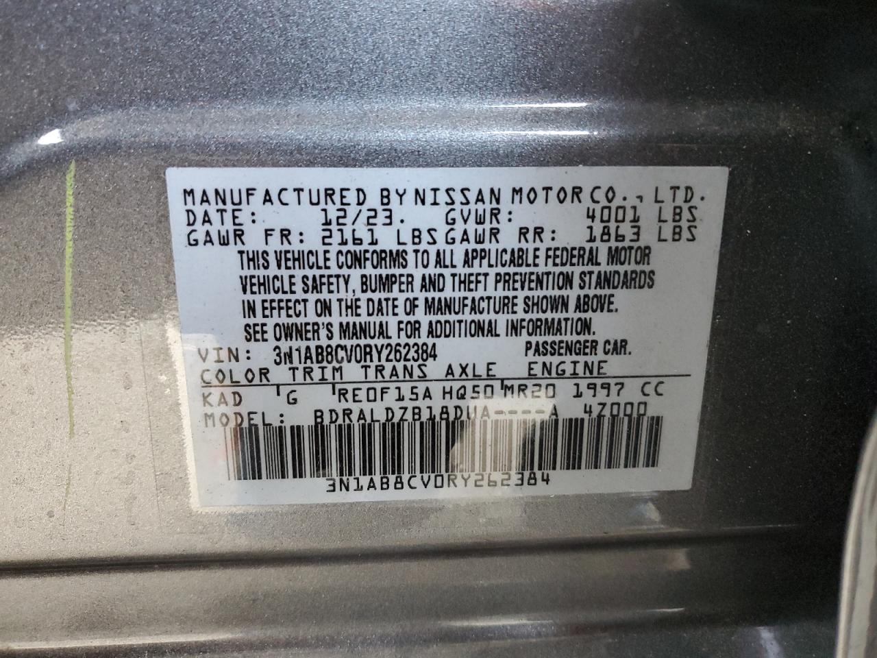 2024 NISSAN SENTRA SV VIN:3N1AB8CV0RY262384