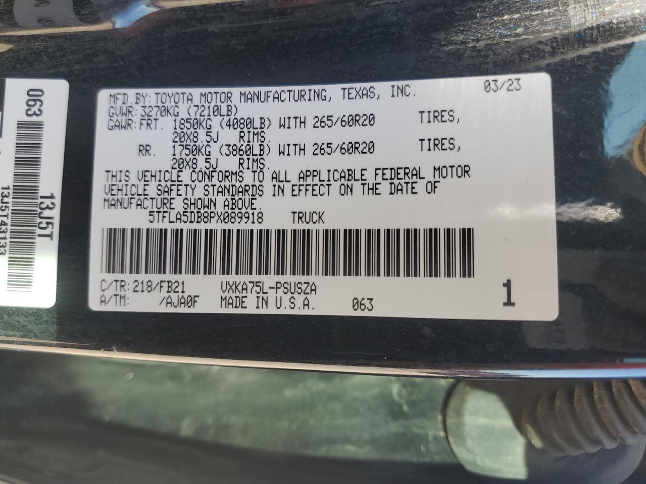 2023 TOYOTA TUNDRA CREWMAX SR VIN:5TFLA5DB8PX089918