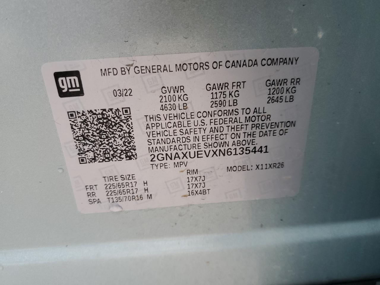 2022 CHEVROLET EQUINOX LT VIN:2GNAXUEVXN6135441