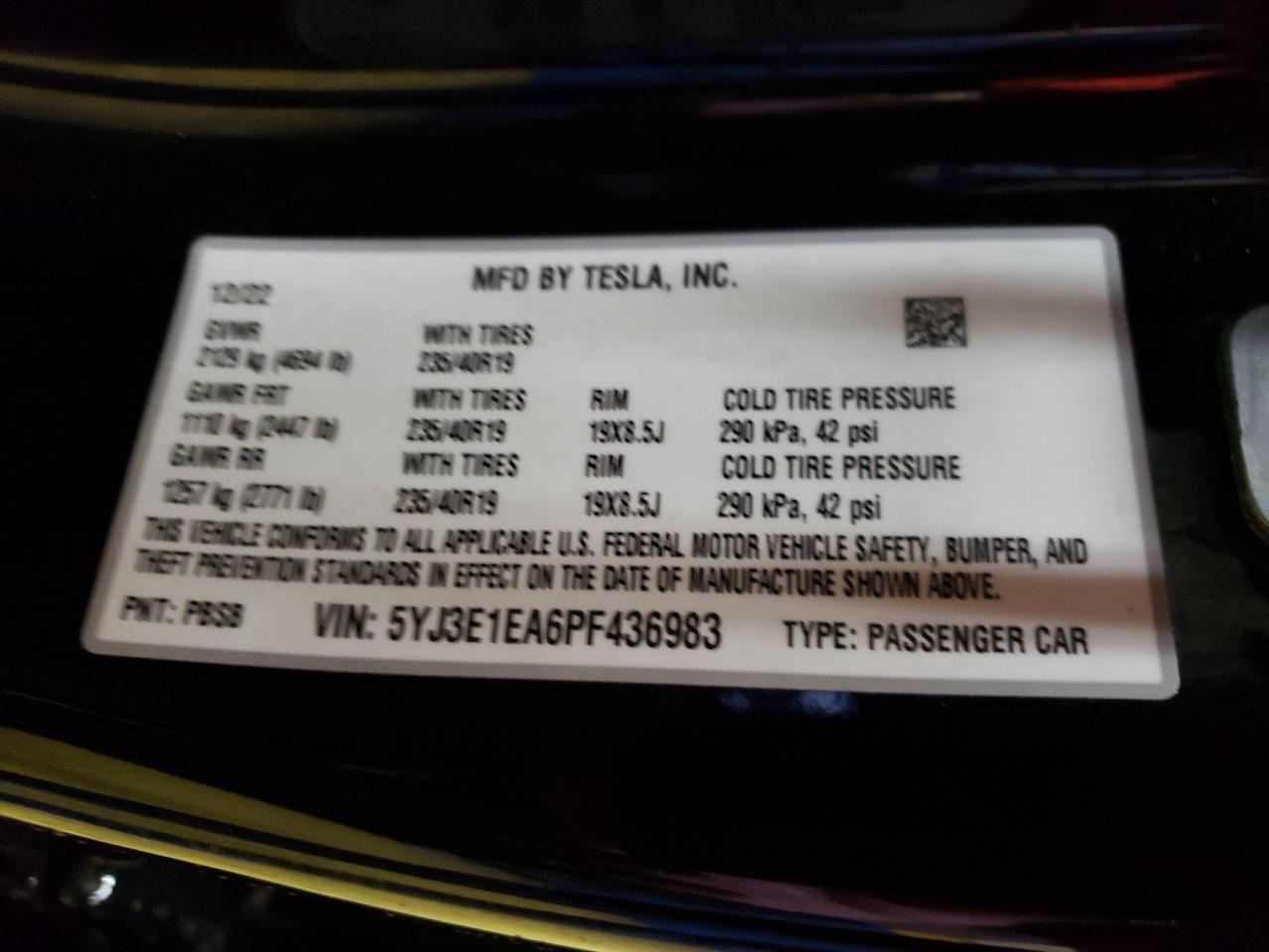 2023 TESLA MODEL 3 VIN:5YJ3E1EA6PF436983