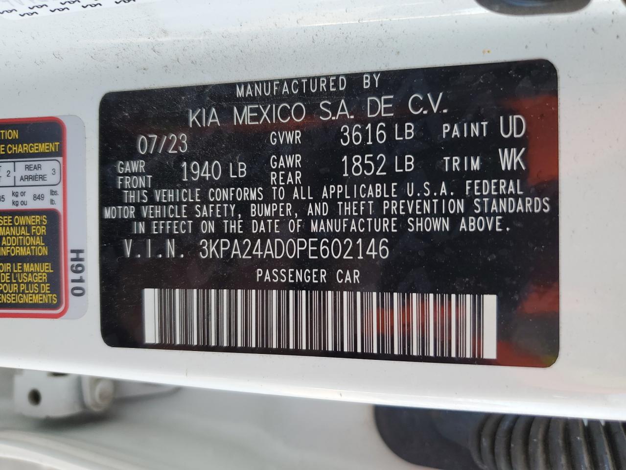 2023 KIA RIO LX VIN:3KPA24AD0PE602146