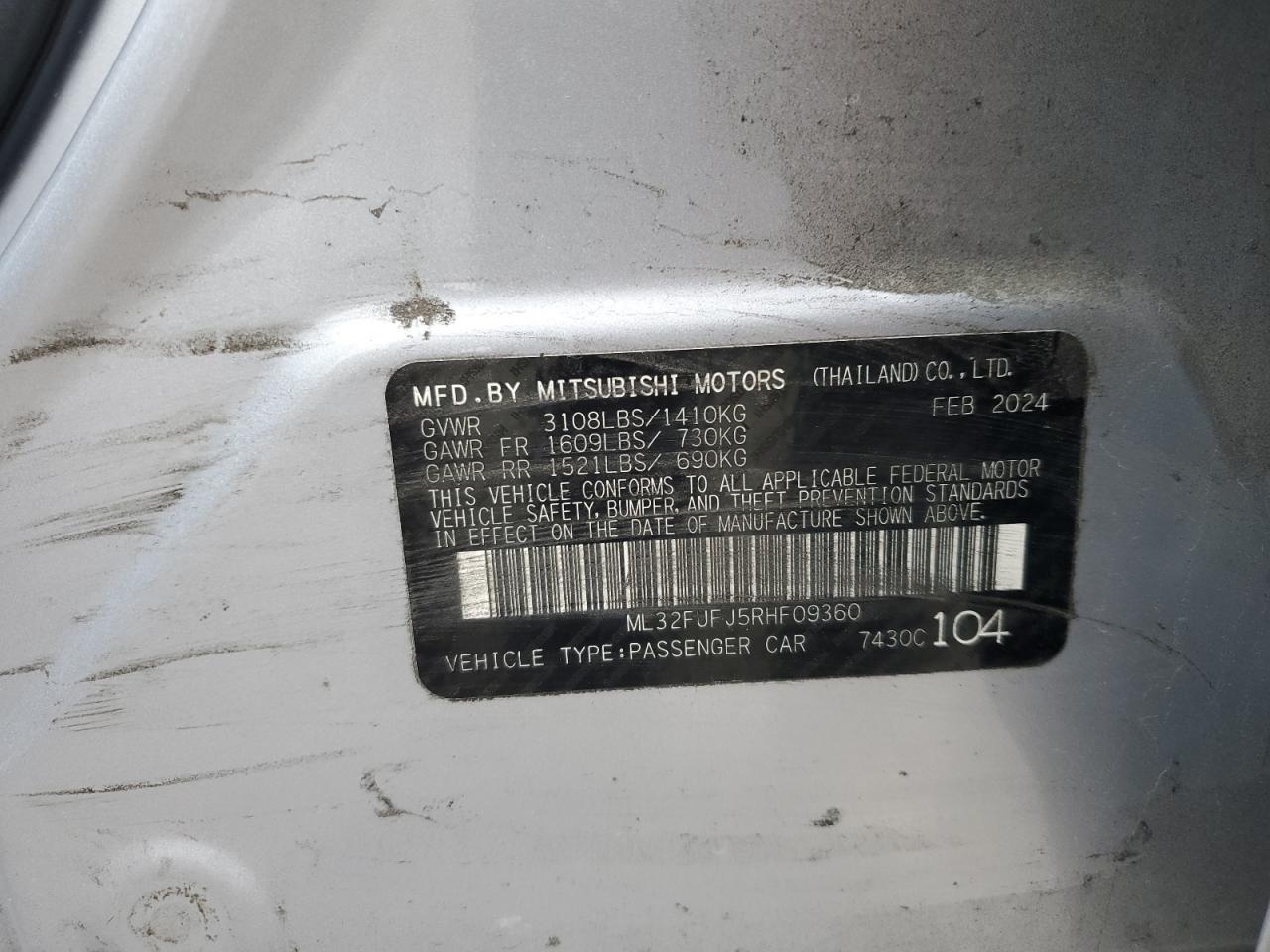 2024 MITSUBISHI MIRAGE G4 ES VIN:ML32FUFJ5RHF09360