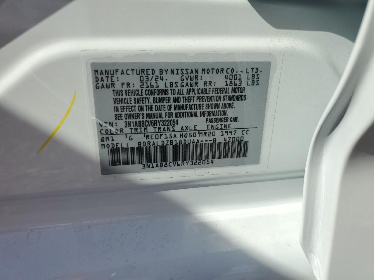 2024 NISSAN SENTRA SV VIN:3N1AB8CV6RY322054