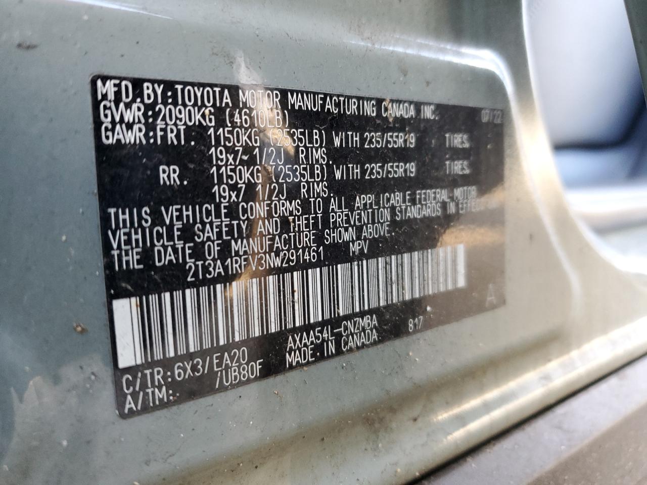 2022 TOYOTA RAV4 XLE PREMIUM VIN:2T3A1RFV3NW291461