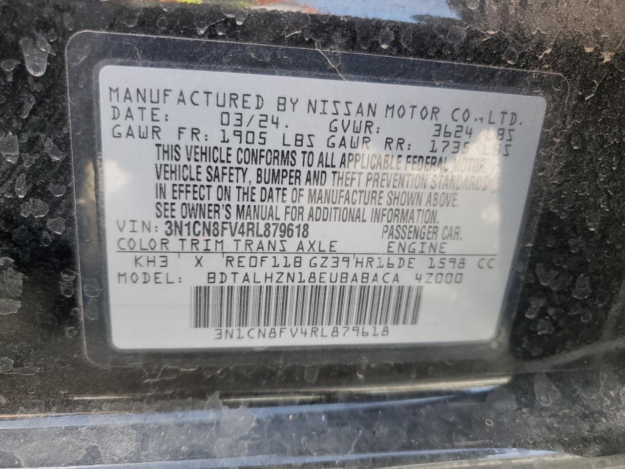 2024 NISSAN VERSA SR VIN:3N1CN8FV4RL879618