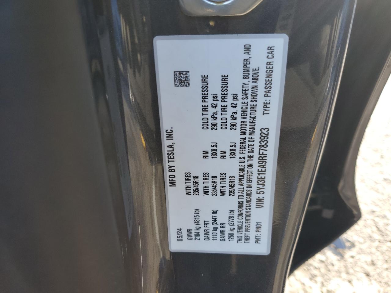 2024 TESLA MODEL 3 VIN:5YJ3E1EA9RF783923