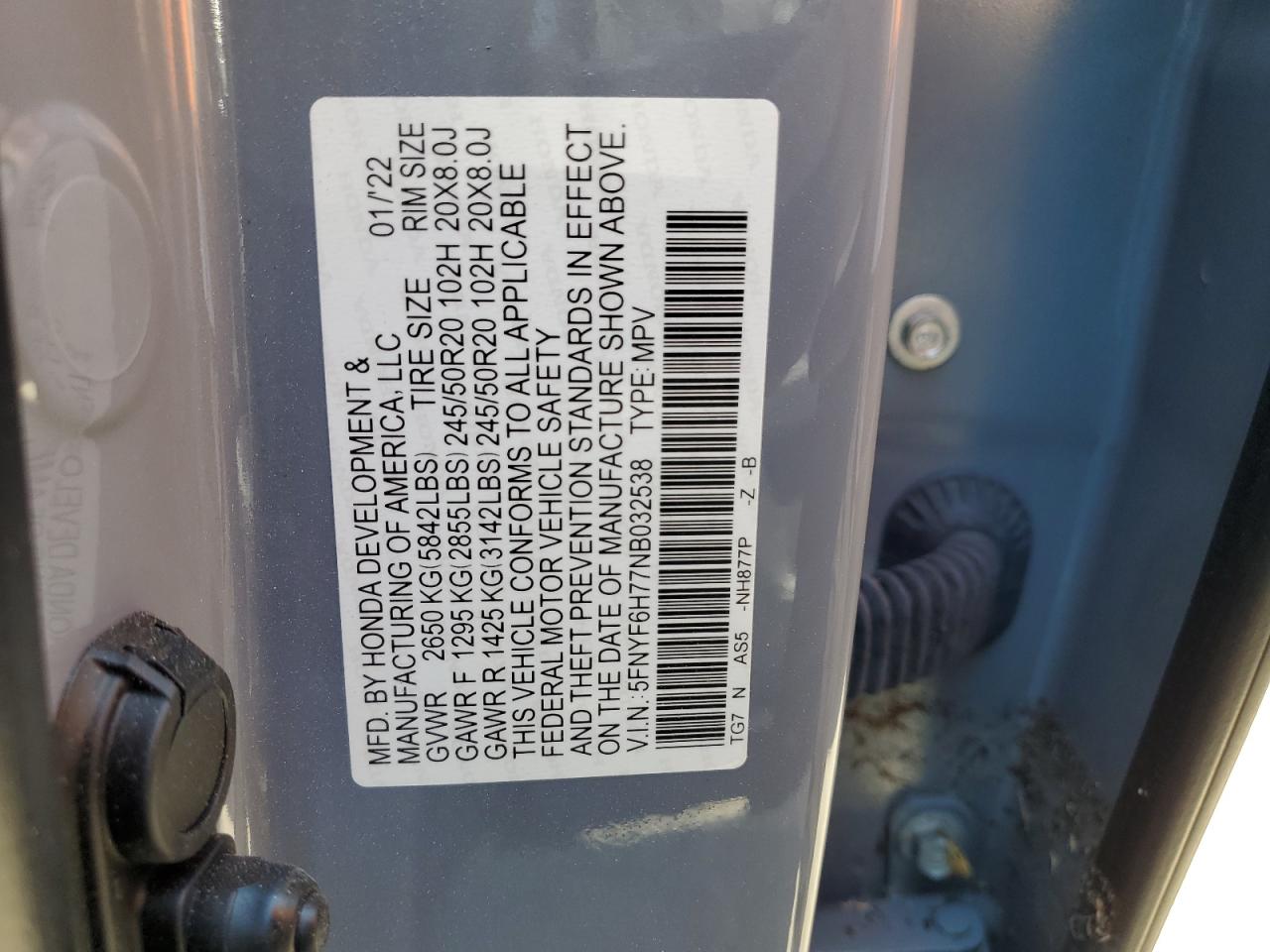 2022 HONDA PILOT BLACK VIN:5FNYF6H77NB032538