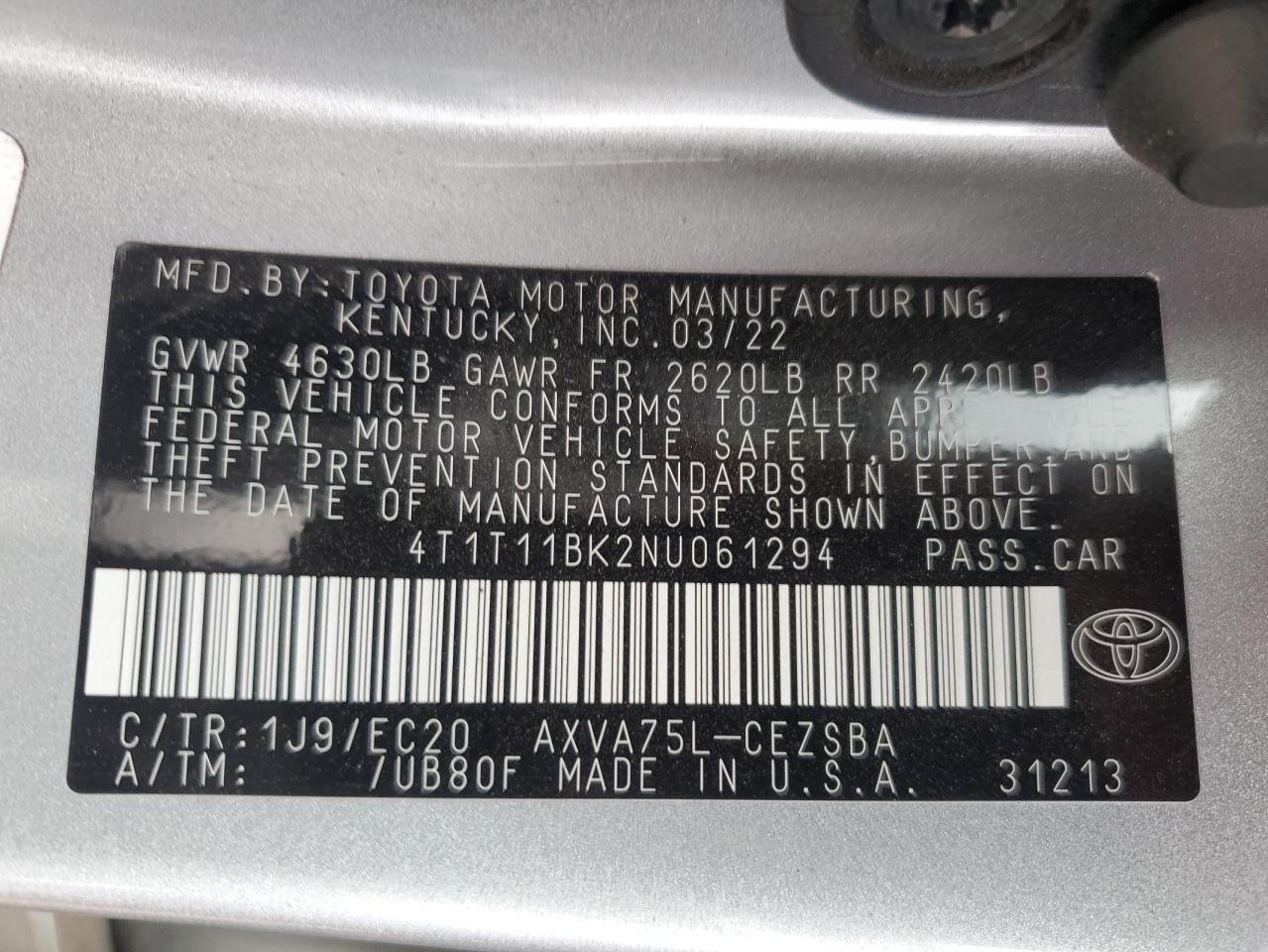 2022 TOYOTA CAMRY SE VIN:4T1T11BK2NU061294