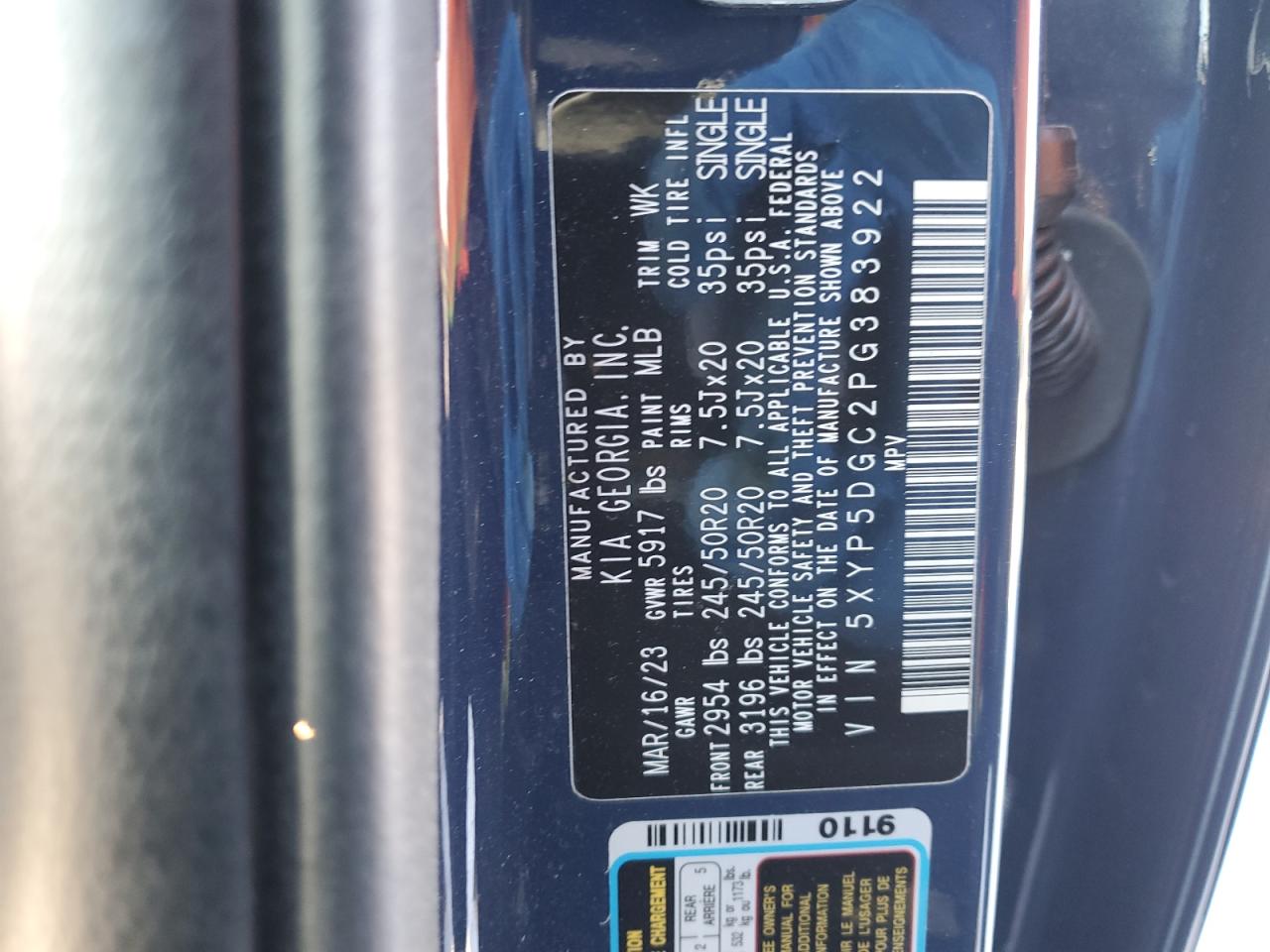 2023 KIA TELLURIDE SX VIN:5XYP5DGC2PG383922
