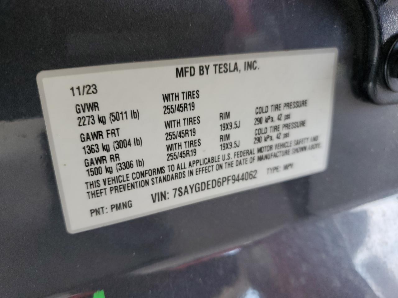 2023 TESLA MODEL Y VIN:7SAYGDED6PF944062