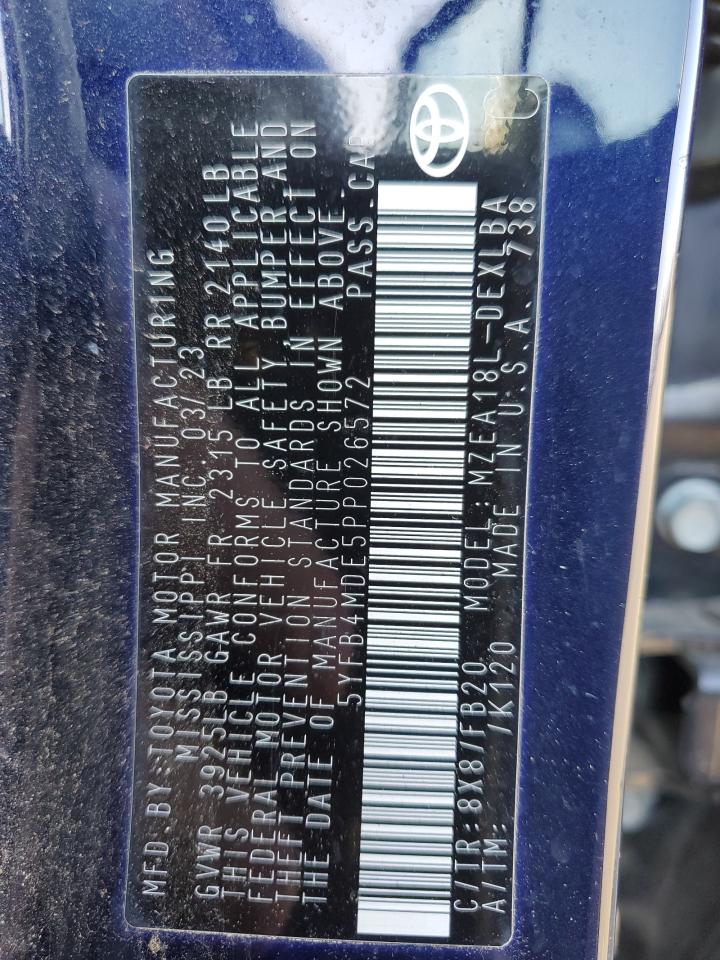 2023 TOYOTA COROLLA LE VIN:5YFB4MDE5PP026572