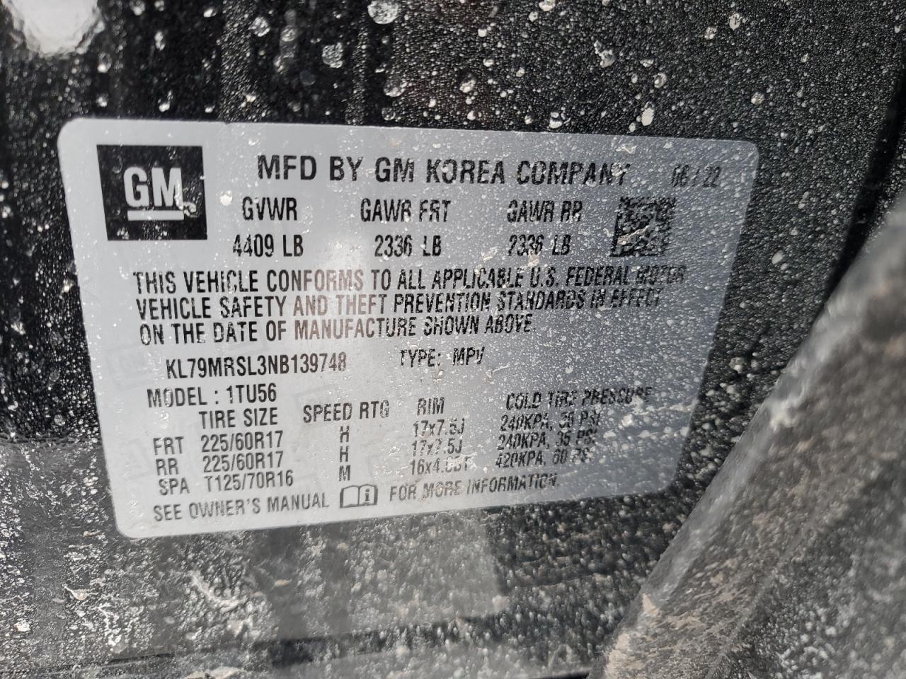 2022 CHEVROLET TRAILBLAZER LT VIN:KL79MRSL3NB139748