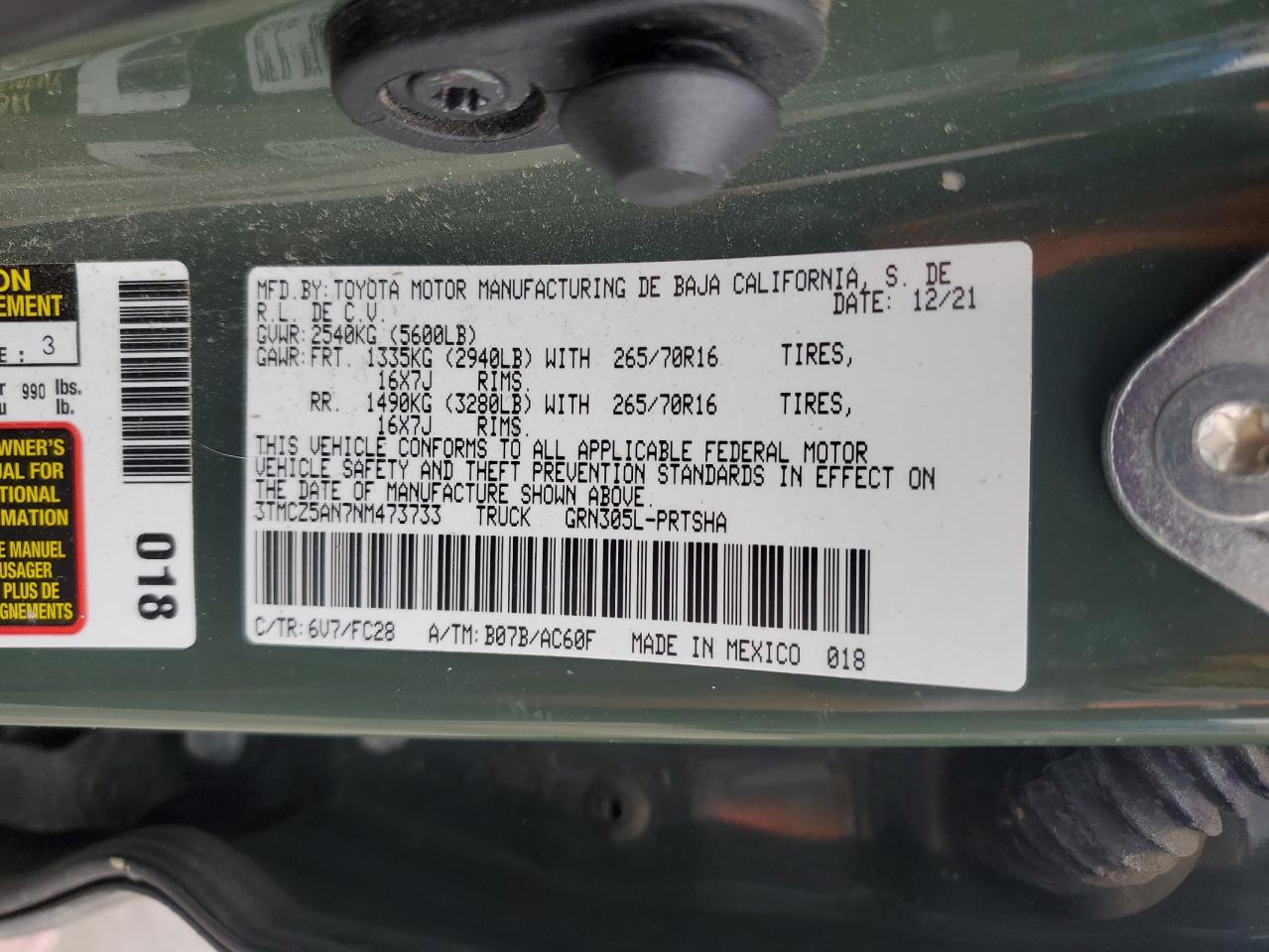 2022 TOYOTA TACOMA DOUBLE CAB VIN:3TMCZ5AN7NM473733