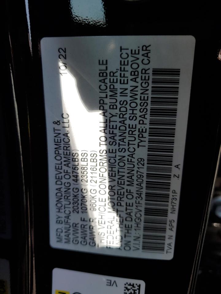 2022 HONDA ACCORD SPORT VIN:1HGCV1F34NA097129