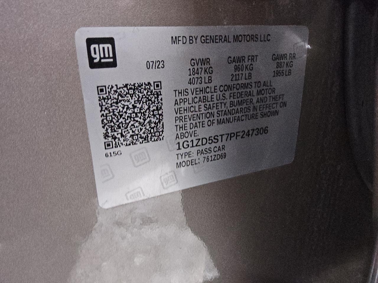 2023 CHEVROLET MALIBU LT VIN:1G1ZD5ST7PF247306