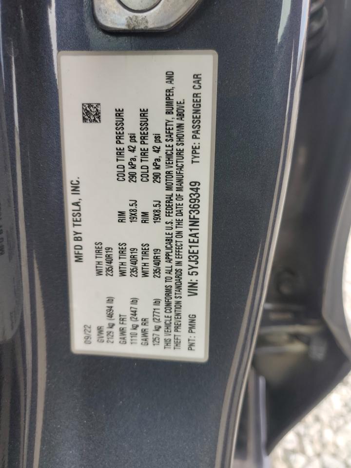 2022 TESLA MODEL 3 VIN:5YJ3E1EA1NF369349