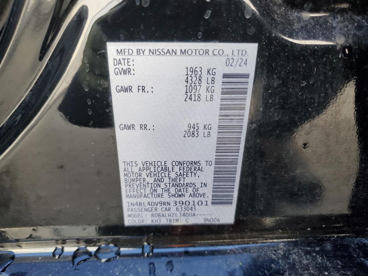2024 NISSAN ALTIMA SV VIN:1N4BL4DV9RN390101