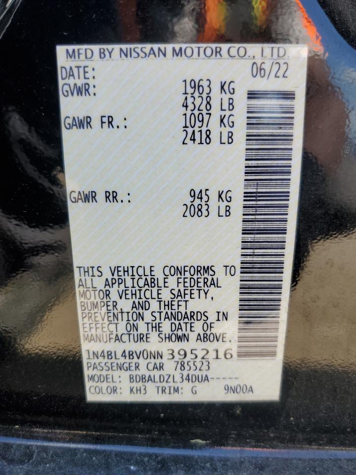 2022 NISSAN ALTIMA S VIN:1N4BL4BV0NN395216