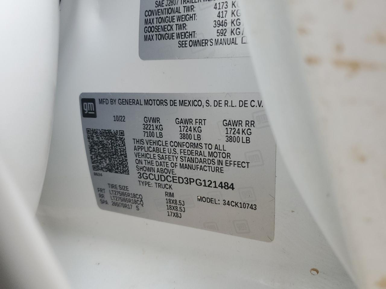 2023 CHEVROLET SILVERADO K1500 TRAIL BOSS CUSTOM VIN:3GCUDCED3PG121484