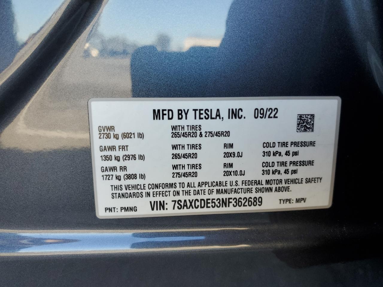 2022 TESLA MODEL X VIN:7SAXCDE53NF362689