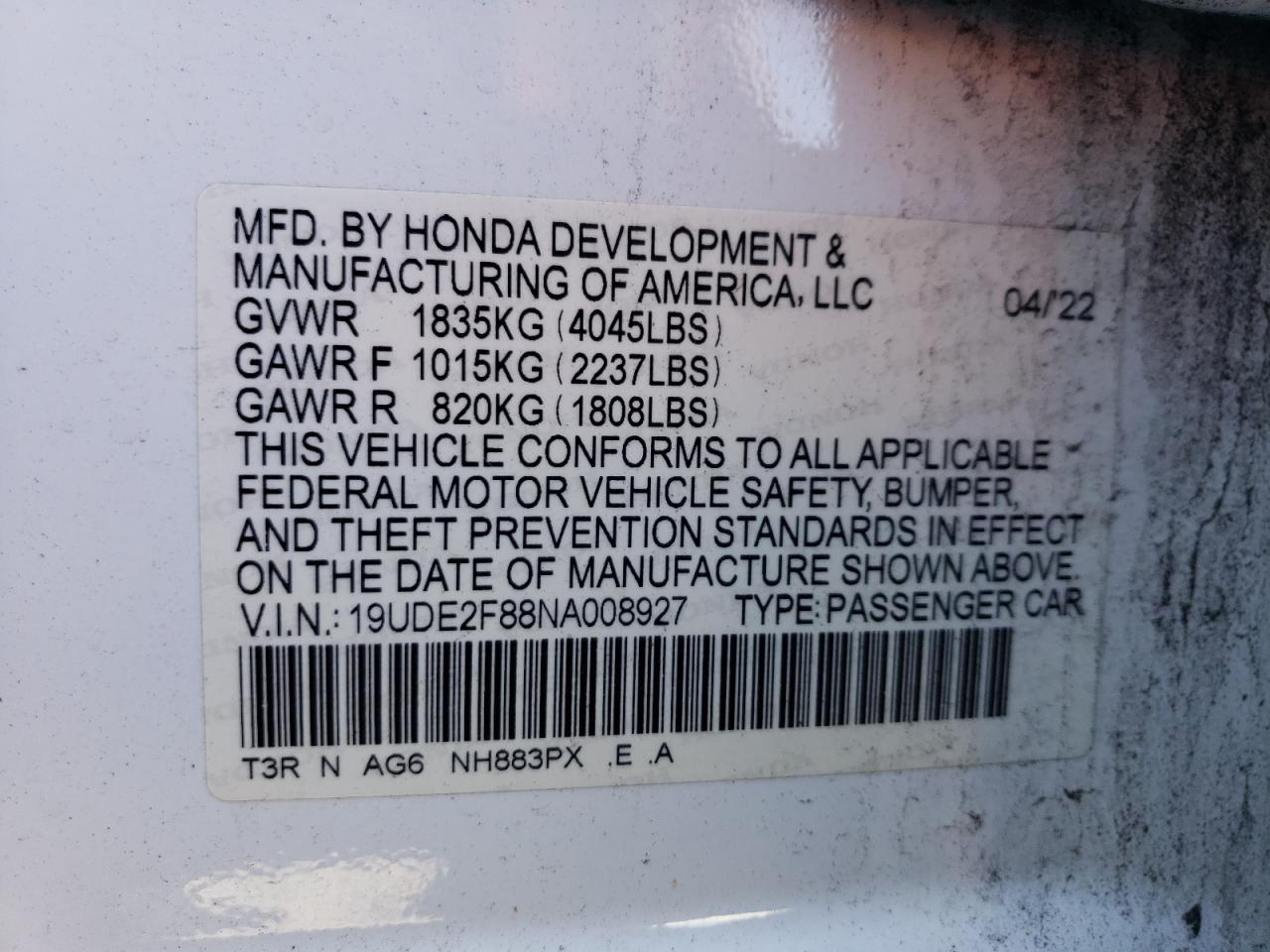 2022 ACURA ILX PREMIUM A-SPEC VIN:19UDE2F88NA008927