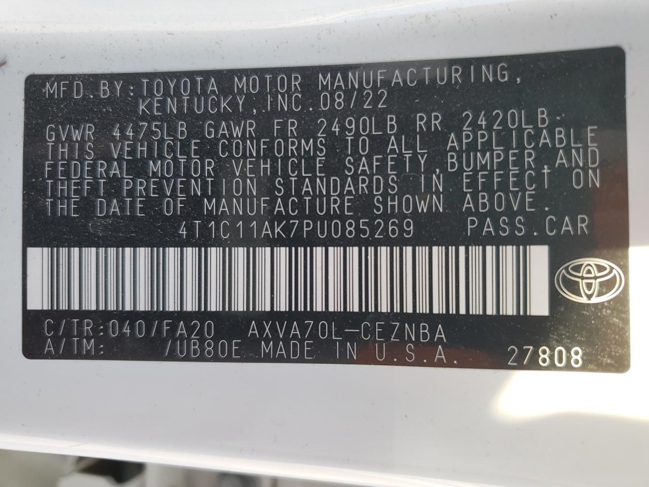 2023 TOYOTA CAMRY LE VIN:4T1C11AK7PU085269