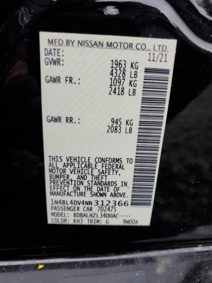 2022 NISSAN ALTIMA SV VIN:1N4BL4DV4NN312366