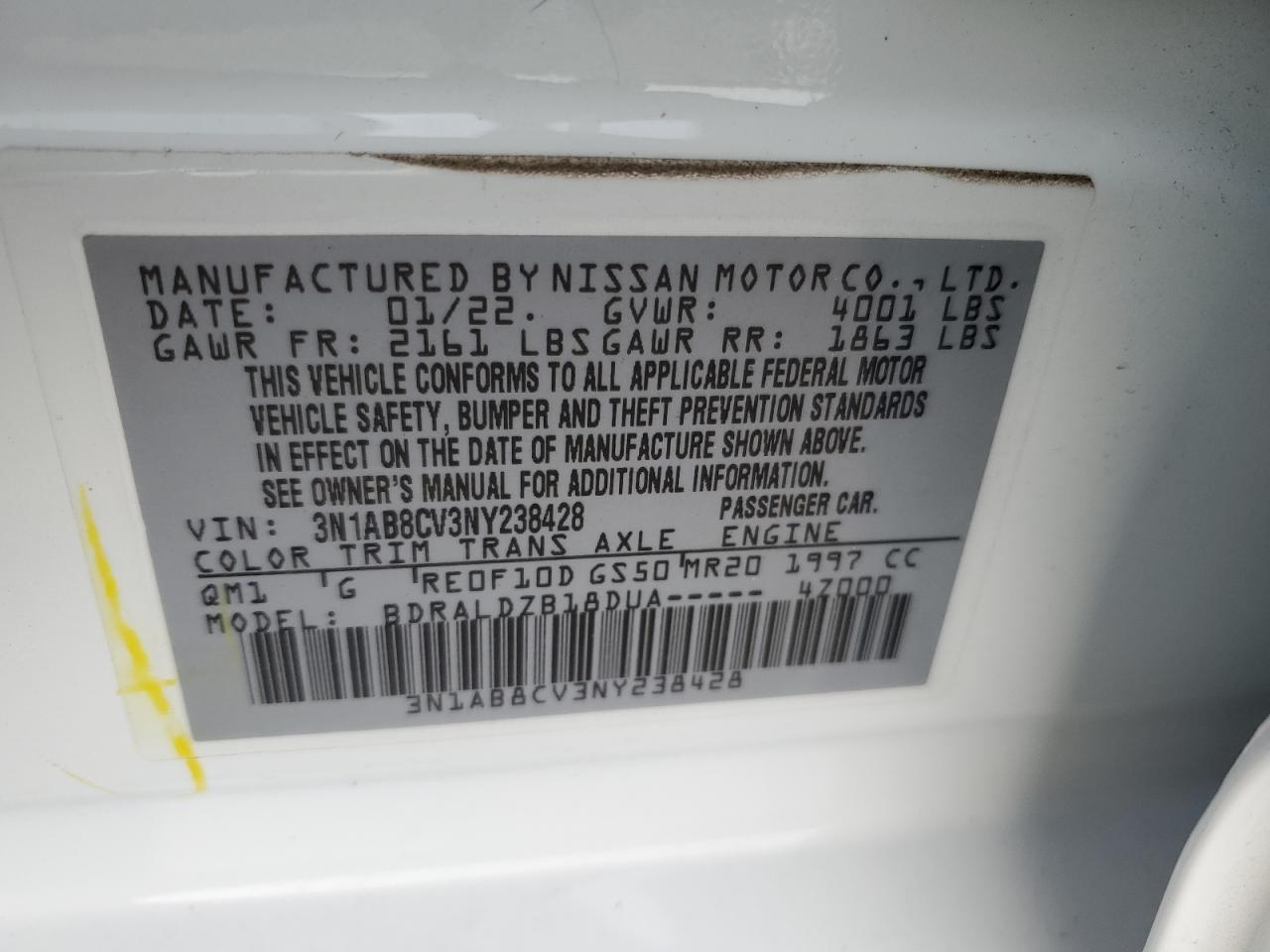 2022 NISSAN SENTRA SV VIN:3N1AB8CV3NY238428