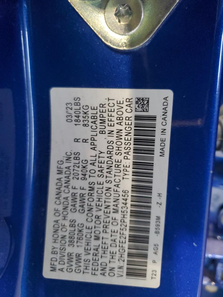 2023 HONDA CIVIC SPORT VIN:2HGFE2F52PH534456