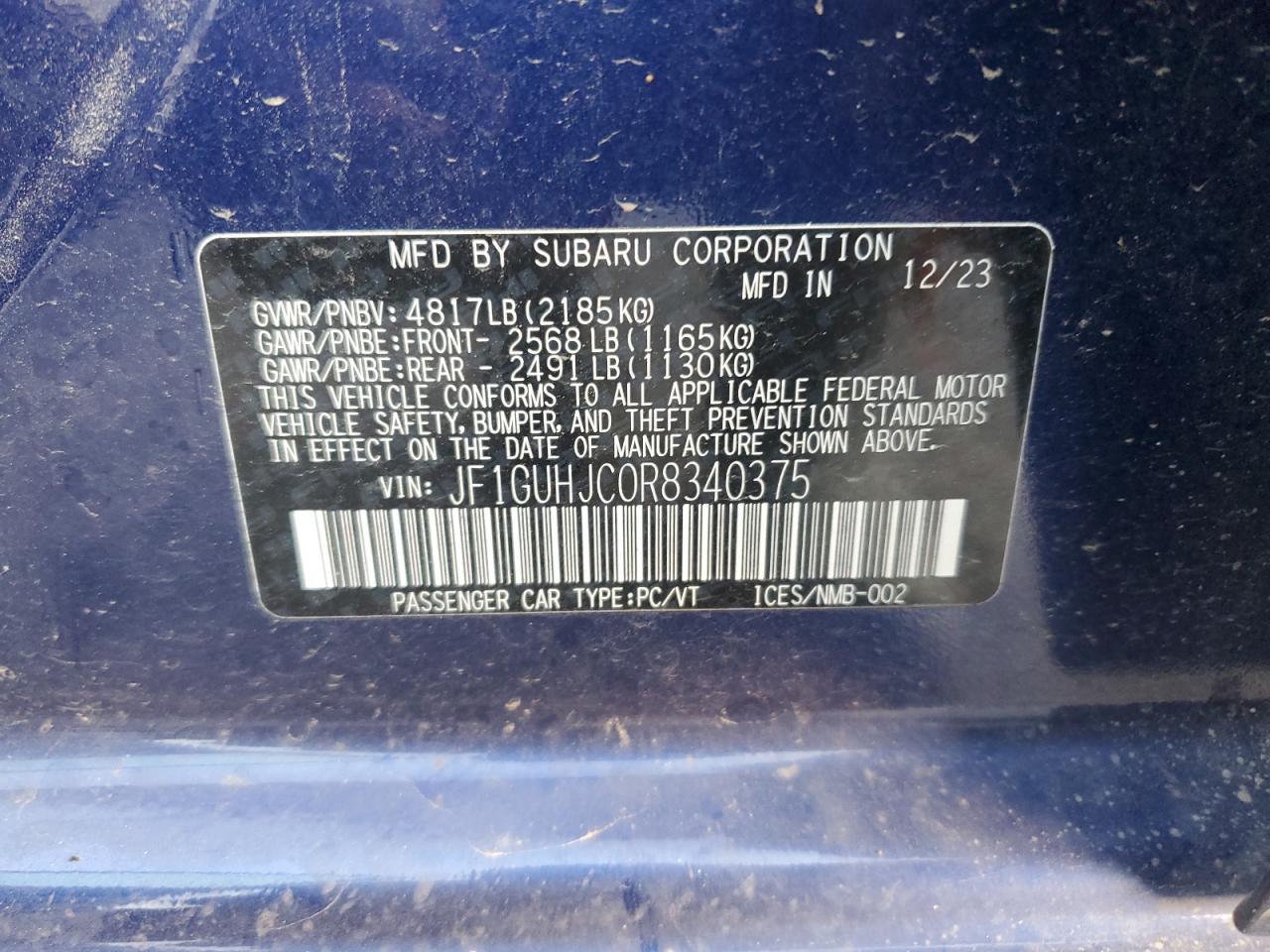 2024 SUBARU IMPREZA RS VIN:JF1GUHJC0R8340375