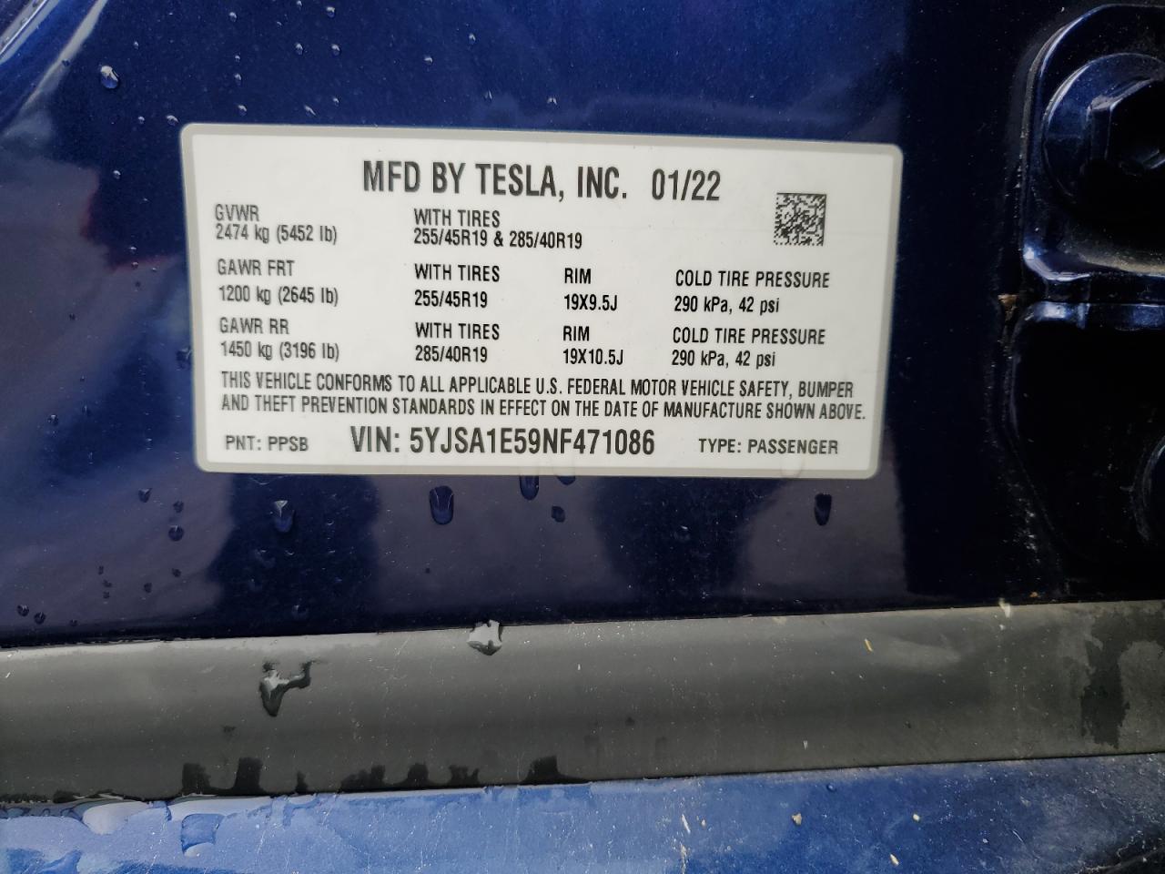 2022 TESLA MODEL S VIN:5YJSA1E59NF471086